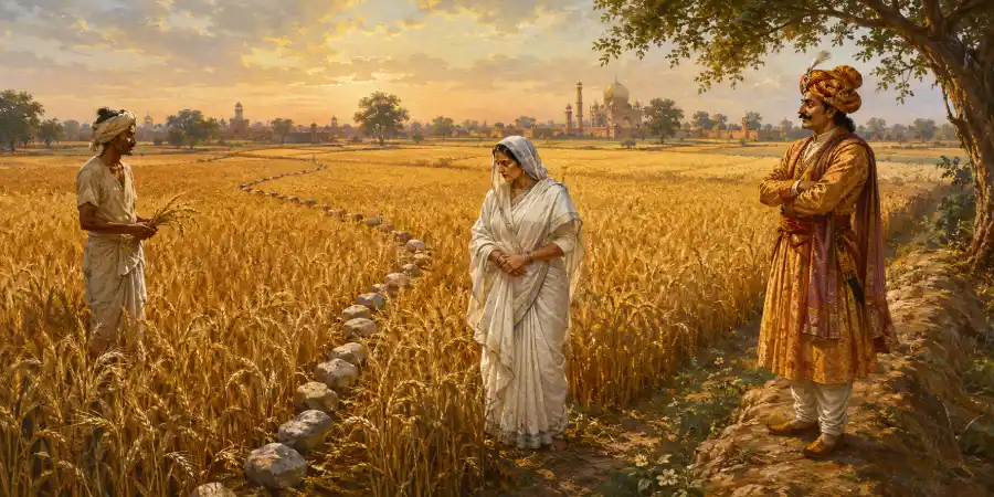 पकी गेहूँ की फ़सल वाला खेत जिसके बीच से पत्थरों की एक सीधी क़तार बिछी है