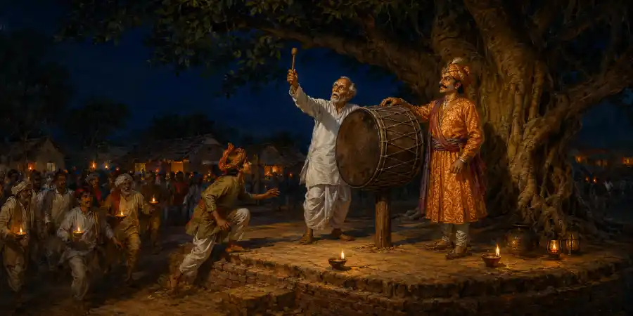 गाँव के चबूतरे पर खंभे से बँधा एक बड़ा ढोल और उसके पास रखी लकड़ी की दो डंडियाँ
