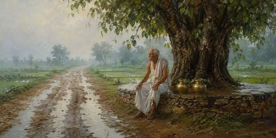 सावन में मंदिर की ओर जाती कच्ची सड़क, किनारे पुराना पीपल और दो पीतल के लोटे