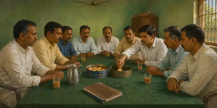 मेज़ पर रखा खुला बिस्कुट का डिब्बा जिसमें एक बिस्कुट बचा है
