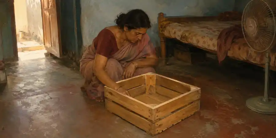 लकड़ी की आम की पेटी, उसमें भूसे के बीच रखे दशहरी आम, बग़ल में बढ़ई का बसूला