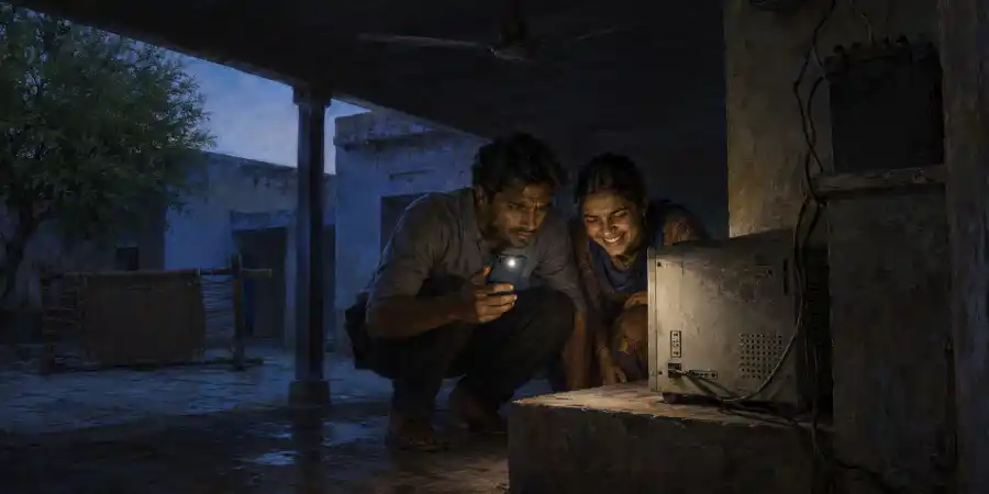 राजस्थान के गाँव का घर, आँगन में इनवर्टर और दीवार पर टँगी टॉर्च
