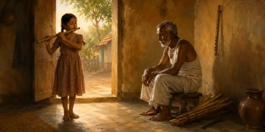 बाँस की खपच्चियों के बीच बैठा एक बूढ़ा कारीगर जो गरम सलाख से बाँसुरी में छेद कर रहा है