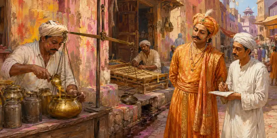 आगरा के बाज़ार में चारपाई बुनता एक कारीगर और पास खड़े दो दरबारी जो काग़ज़ पर नाम लिख रहे हैं