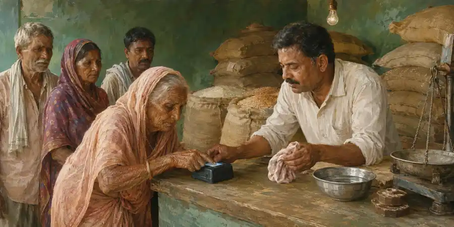 राशन की दुकान का काउंटर, अँगूठा लगाने वाली मशीन, तराज़ू और पास रखी पानी की कटोरी