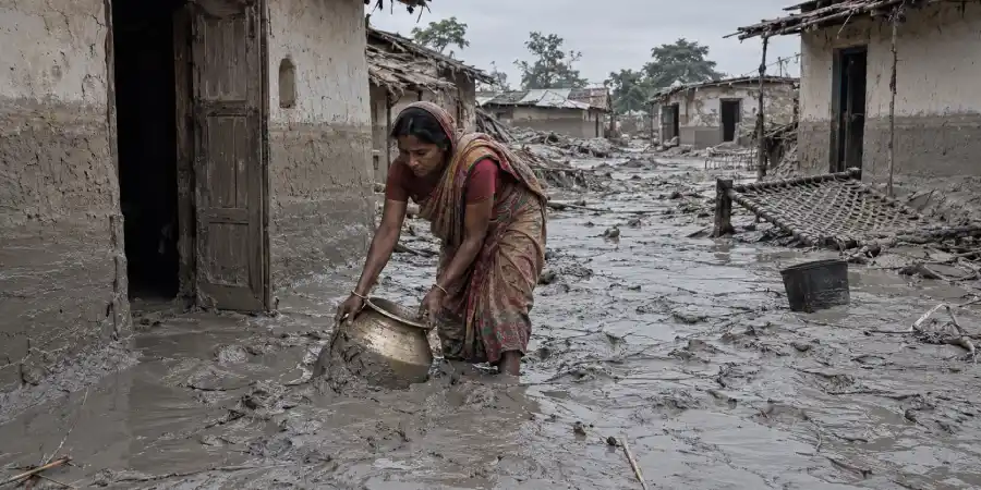 बाढ़ का पानी उतरने के बाद गाँव की गली में जमी गाद और उसमें आधे धँसे हुए बरतन