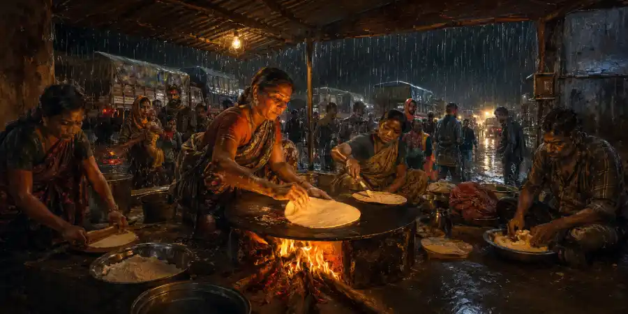 बरसात में घाट के किनारे का छोटा ढाबा, बाहर रुकी गाड़ियों की क़तार और चूल्हे पर चढ़ी कढ़ाई