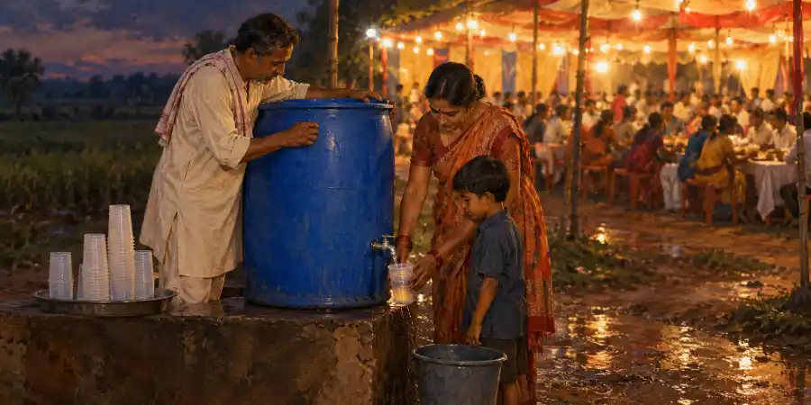 गाँव की शादी में टेंट, कुर्सियाँ और एक तरफ़ रखा पानी का बड़ा ड्रम
