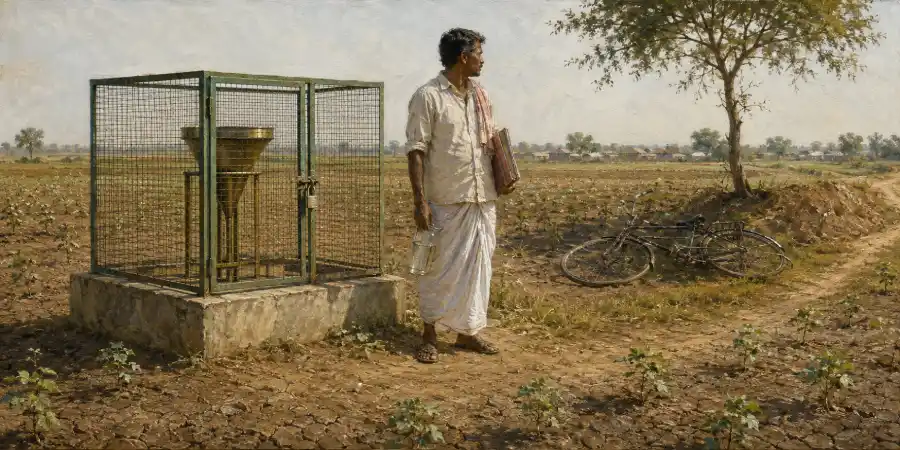 खेत के किनारे जाली से घिरा वर्षामापी, उसका पीतल का फ़नल और नापने वाला काँच का जार