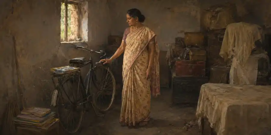 बरसात में गाँव की कच्ची सड़क पर साइकिल, पीछे बैठी सवारी और आगे बस अड्डे का छप्पर