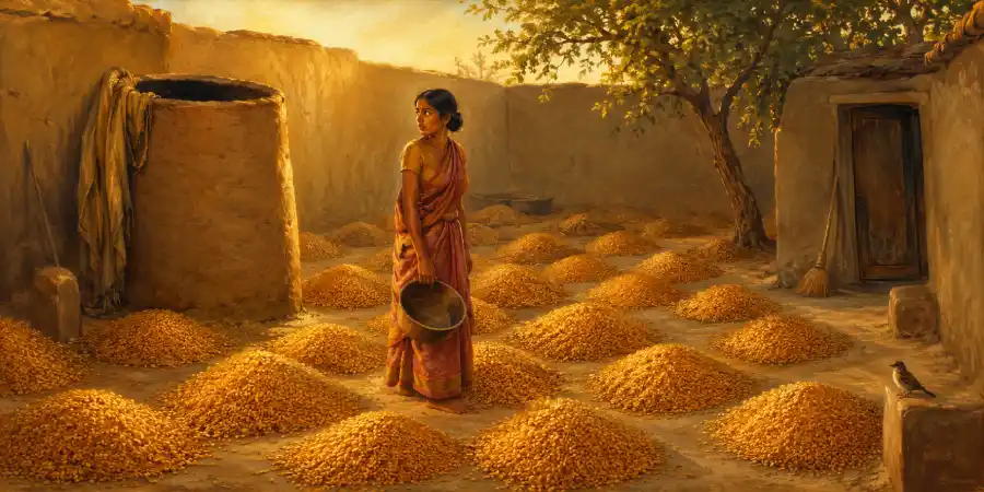 मिट्टी की बनी पुरानी अनाज की कोठी जिसका मुँह कपड़े से ढँका है और पास रखा लकड़ी का पैमाना