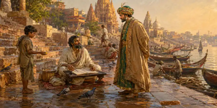 मथुरा के घाट पर भेस बदले बैठा एक आदमी जो नाव के इंतज़ार में खड़े लोगों को देख रहा है