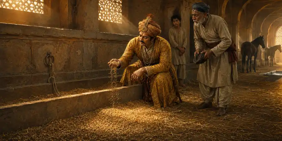 शाही अस्तबल का भीतरी हिस्सा, ख़ाली खोर और उसके सामने ज़मीन पर बैठा एक लड़का