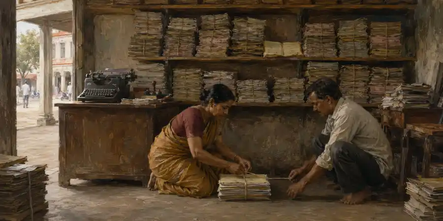 कचहरी के बाहर टाइप की दुकान, टाइपराइटर, कार्बन पेपर और रस्सी से बँधे पुराने बंडल