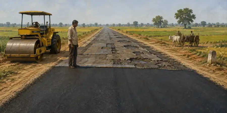 नई बनती सड़क पर चलता हुआ रोलर, गरम तारकोल और किनारे खड़े मज़दूर