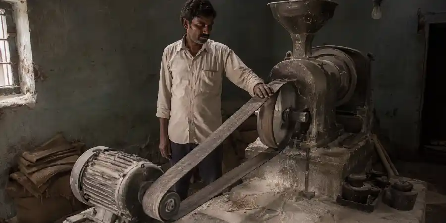 बंद आटा चक्की के भीतर लोहे की मशीन, उस पर चढ़ा चमड़े का पट्टा और फ़र्श पर बिखरा आटा