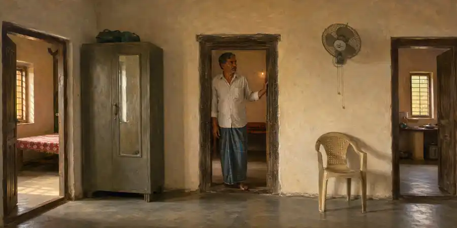 अधबने मकान का दरवाज़ा, सागौन की पुरानी चौखट और ज़मीन पर पड़ा मलबा