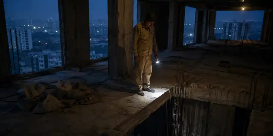 रात में गाज़ियाबाद का अधूरा बना ऊँचा टावर जिसकी एक खिड़की में हल्की रोशनी दिख रही है