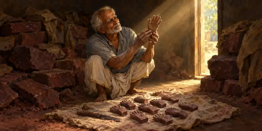 मंदिर की मरम्मत के पत्थर पर काम करते कारीगर के हाथ, छेनी और लकड़ी की मुंगरी