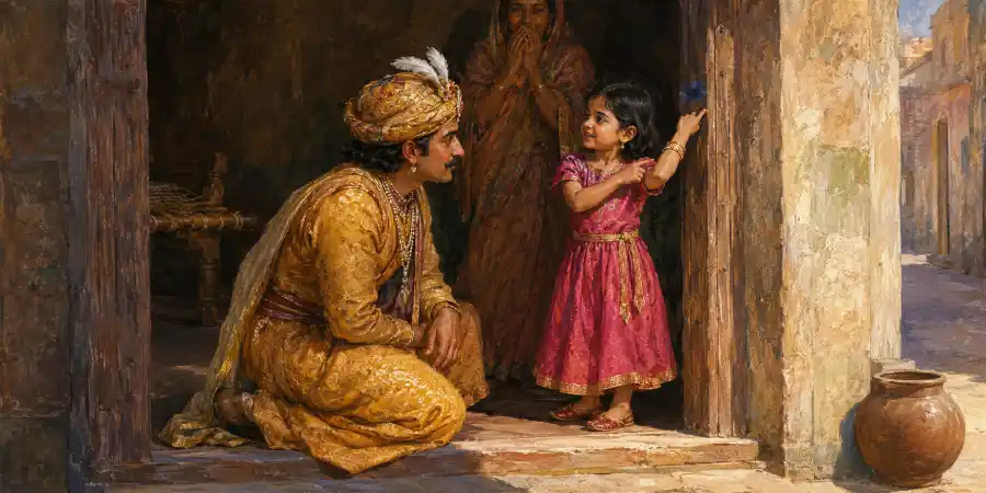 घर के दरवाज़े की चौखट पर नीले रंग का हल्का सा निशान और पास खड़ी एक छोटी लड़की