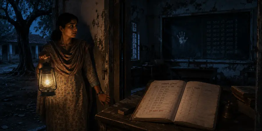 सूने सरकारी स्कूल के दफ़्तर में लालटेन की रोशनी में खुला पड़ा हाज़िरी रजिस्टर
