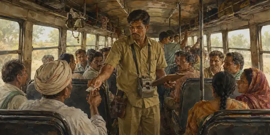 रोडवेज़ बस के भीतर टिकट काटता कंडक्टर और उसके गले में लटका टिकट का पंच