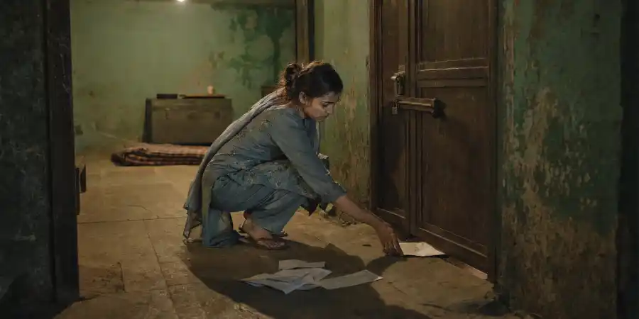 किराए के कमरे के दरवाज़े के नीचे से भीतर सरकाया गया एक लिफ़ाफ़ा और फ़र्श पर पड़ी पुरानी चिट्ठियाँ