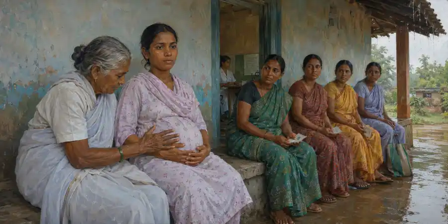 गाँव के उपकेंद्र के बाहर बनी सीमेंट की बेंच और बरसात में भीगा बरामदा