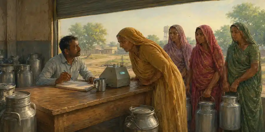 गाँव की दूध समिति पर रखी फैट जाँचने वाली मशीन और उसका छोटा डिजिटल पर्दा