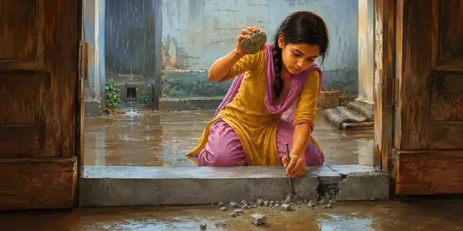 बरसात में गली से लगा घर का दरवाज़ा, देहरी पर लगी सीमेंट की पट्टी और अंदर फैला पानी