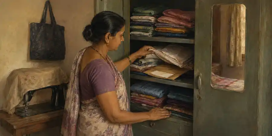 मेज़ पर रखी कापी का फटा हुआ पन्ना, उस पर दो लाइनें और नीचे दस्तख़त