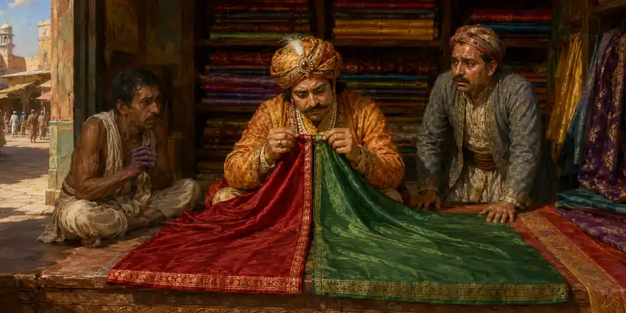 कपड़े की दुकान के तख़्ते पर खुले हुए दो एक जैसे थान और उनके पास बैठा एक बुनकर