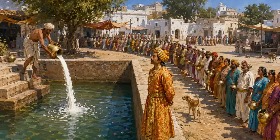 गाँव के बीच बना पत्थर का बड़ा हौज़ जिसमें पानी भरा है और किनारे पर रखा एक पीतल का लोटा