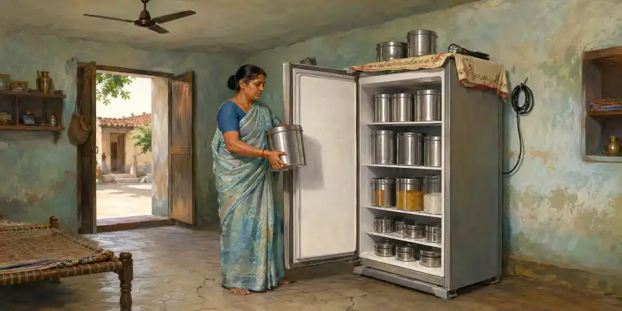 गाँव के कमरे में रखा फ़्रिज, जिसके ऊपर कपड़े का ढका और उसके ऊपर डिब्बे रखे हैं
