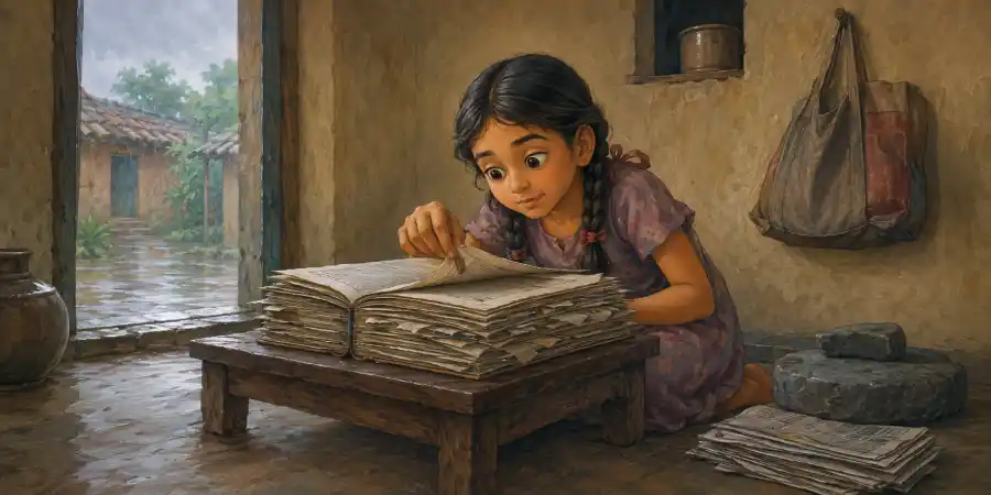 मेज़ पर खुली हुई गीली किताब जिसके पन्नों के बीच अख़बार के टुकड़े रखे हैं और ऊपर वज़न रखा है