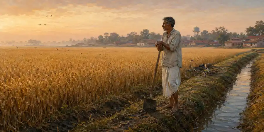 जाड़े के अंत में गेहूँ का खेत, मेड़ पर खड़ा आदमी और दूर गाँव के घर