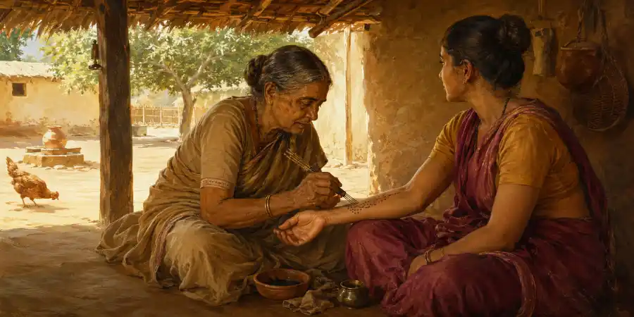 गोदना बनाती औरत के हाथ, सुइयों का गुच्छा, कालिख की कटोरी और सामने रखी दूसरी बाँह