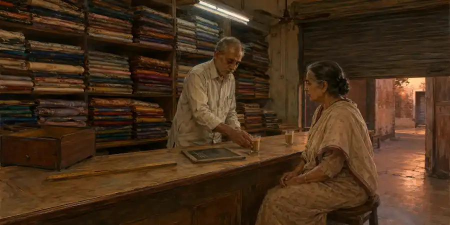 कपड़े की दुकान का काउंटर, उस पर रखी छोटी स्लेट और बग़ल में दो गिलास