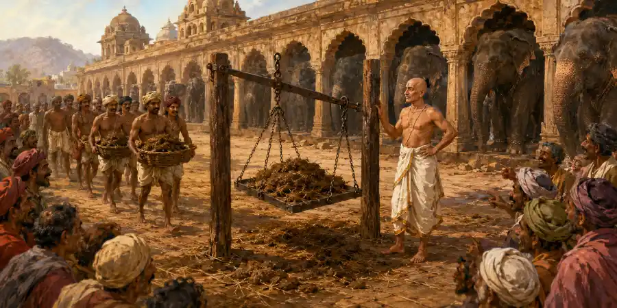 विजयनगर के हाथीख़ाने की मेहराबदार कोठरियाँ, गन्ने और घास के गट्ठर और महावत