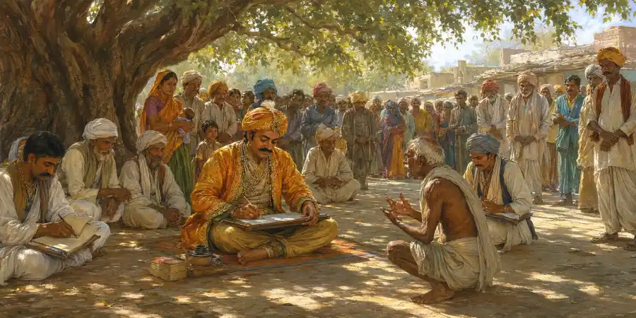 क़स्बे की कचहरी के बाहर ज़मीन पर बैठा एक आदमी जो दूसरों की अर्ज़ियाँ लिख रहा है और सामने लंबी क़तार है