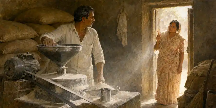 पत्थर के क्रशर का इलाक़ा, धूल भरी सड़क और दूर खड़े दो लोग बात करते हुए