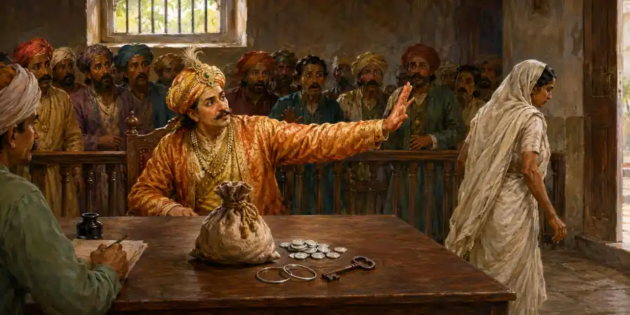 कचहरी की मेज़ पर रखी कपड़े की एक पुरानी थैली और उसके सामने खड़े दावा करने वाले लोग