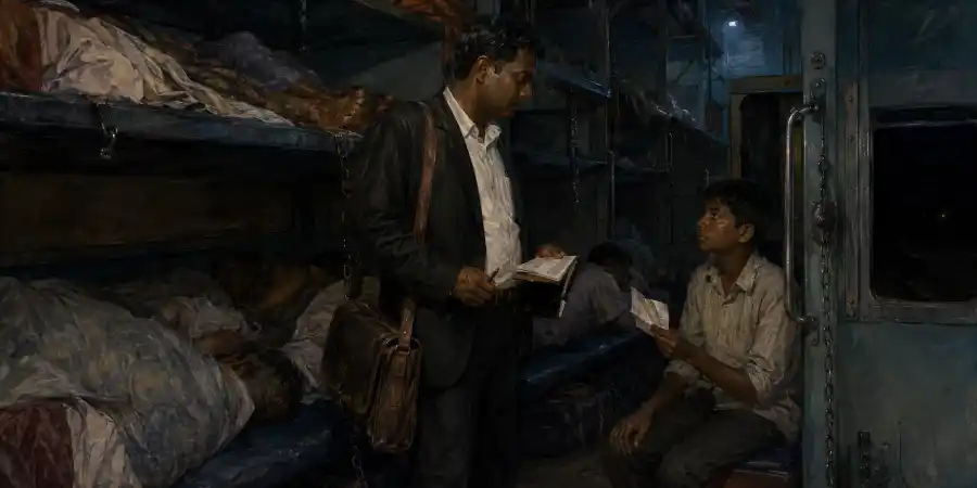 रेल के डिब्बे में टिकट जाँचने वाले का बस्ता, रसीद बुक और उसके पास बैठा एक लड़का