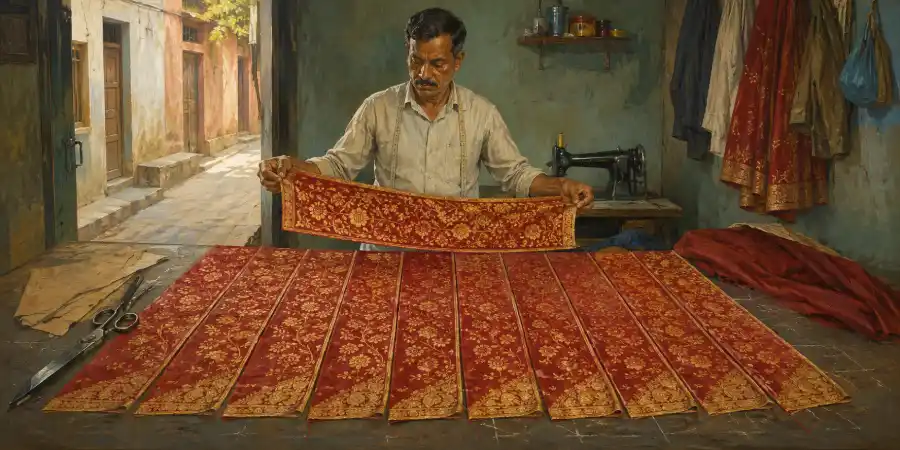 दर्ज़ी की दुकान की मेज़ पर फैला लाल रेशमी कपड़ा और उसके ऊपर रखी बड़ी लोहे की कैंची