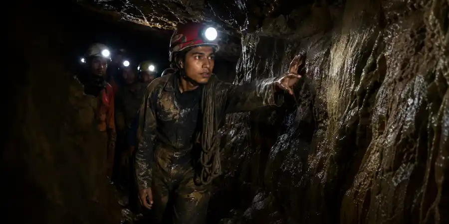 चूना पत्थर की गुफ़ा का सँकरा रास्ता, हेलमेट की बत्ती और गीली दीवारों पर पानी की लकीरें