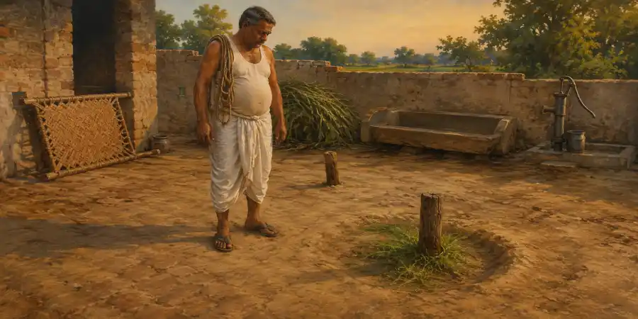 गाँव के आँगन में दो खूँटे, एक पर बँधी मुर्रा भैंस और दूसरा ख़ाली, ज़मीन पर खुरों का घिसा हुआ गड्ढा