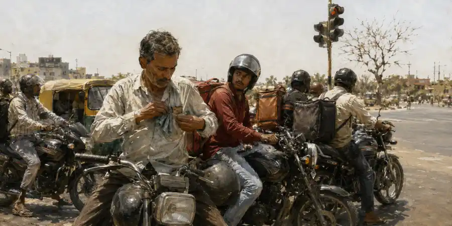 इंदौर के चौराहे पर लाल बत्ती पर रुका डिलीवरी वाला, पीठ पर गरम खाने का बैग और दोपहर की तेज़ धूप