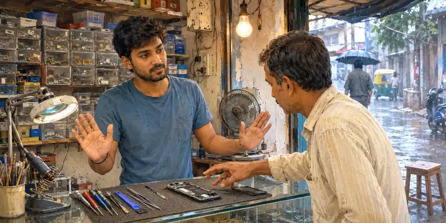 मोबाइल ठीक करने की छोटी दुकान का काउंटर, खुला हुआ फ़ोन, पेचकस और चिमटी