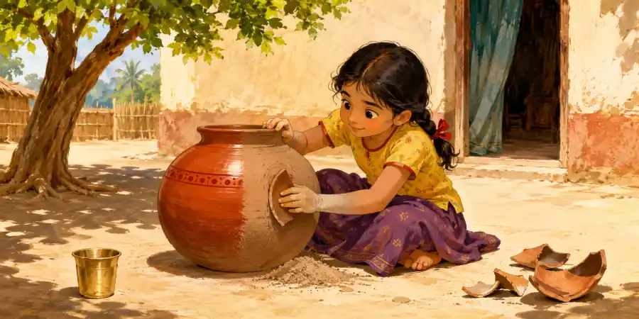 गाँव के घर के दरवाज़े पर रखा मिट्टी का मटका, ऊपर गीला कपड़ा और पास में लोटा