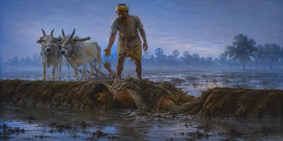 भोर के धुँधलके में खेत की टूटी मेड़, उसमें बहता पानी और पास खड़ा हल